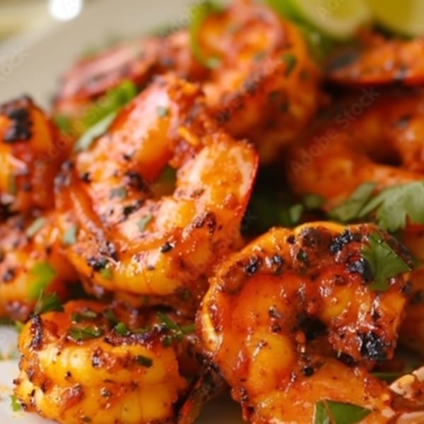 Close-up of FATBOYSBBQ grilled shrimp seasoned with spices and garnished with fresh herbs.