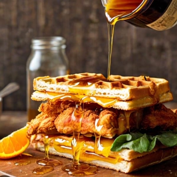 Maple syrup pouring over a crispy fried chicken and waffle sandwich with an orange slice.