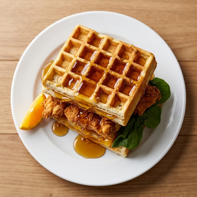 Chicken N Waffles with Syrup.
